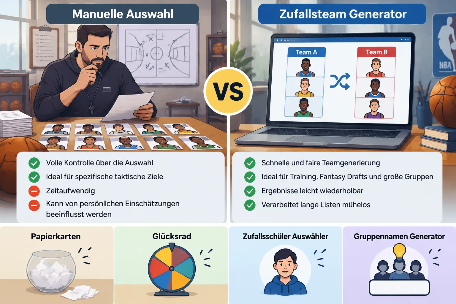 comparison diagram showing manual selection versus random team generation workflow