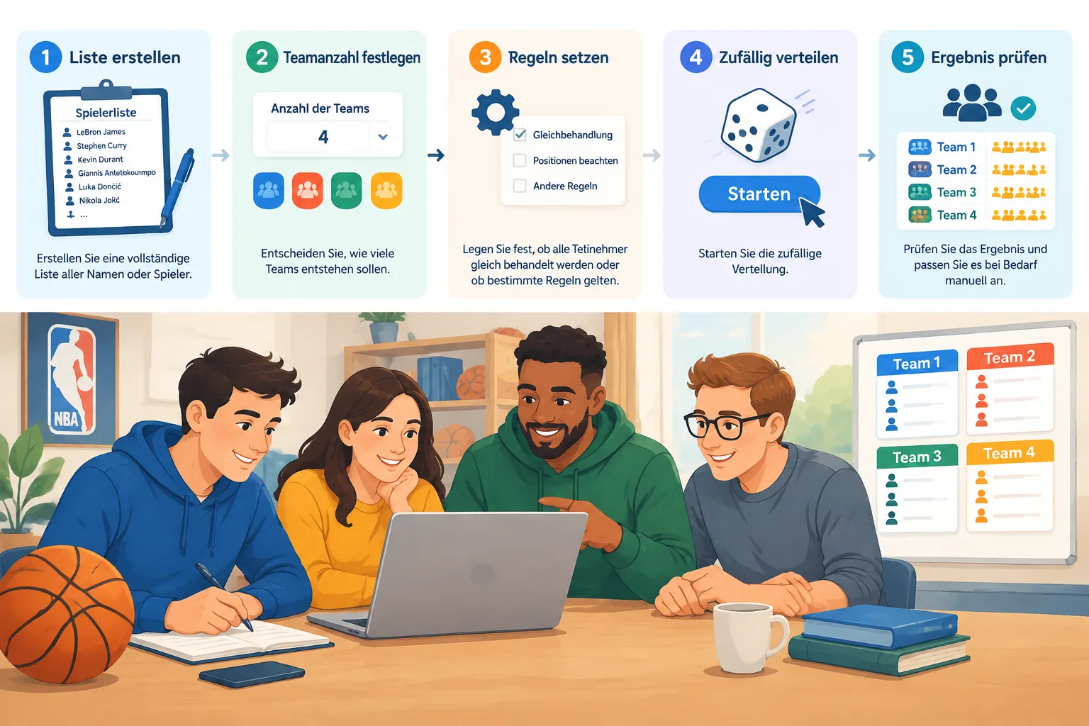 step by step infographic showing list entry, random assignment, team review, and final groups