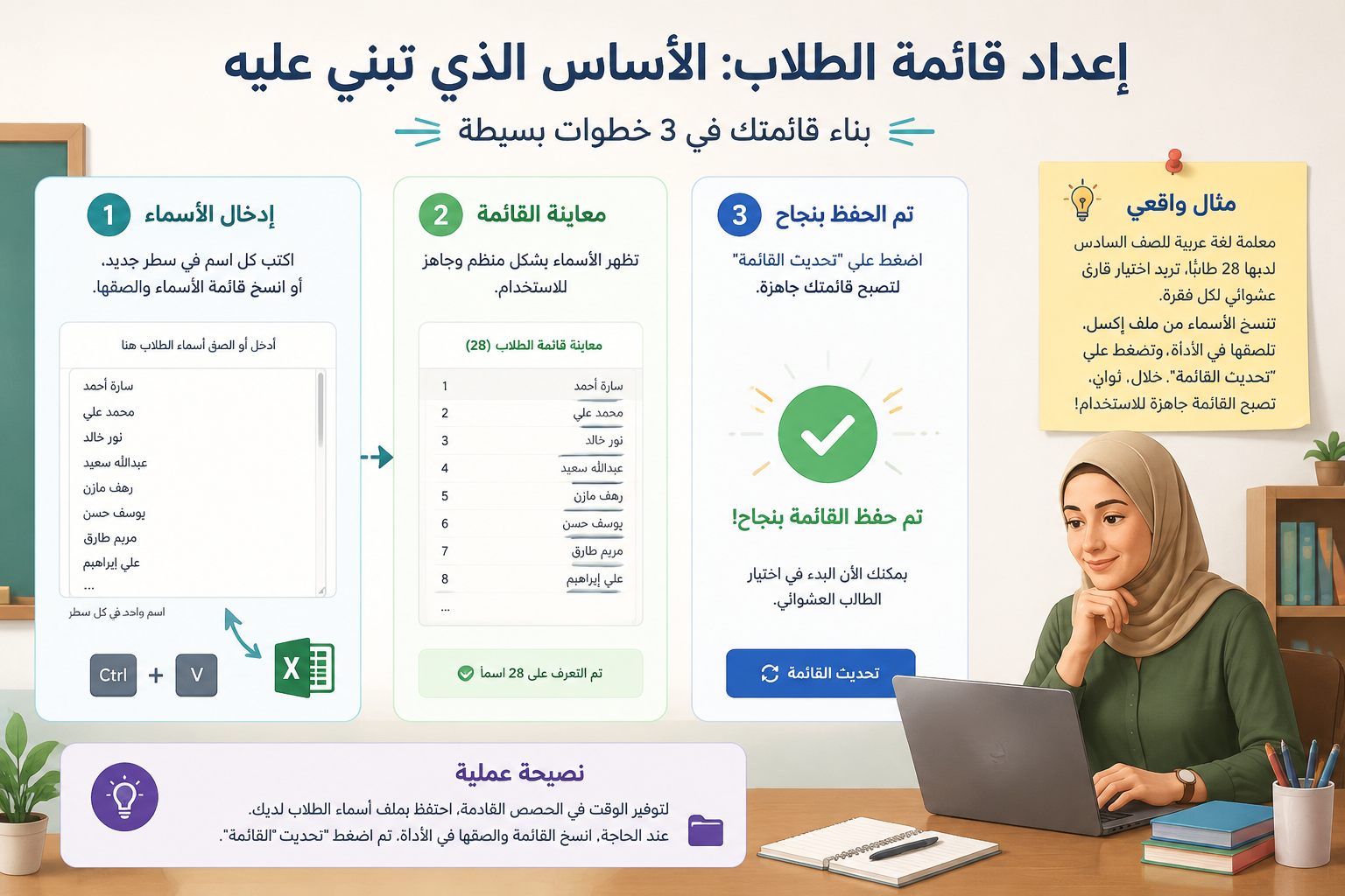 A step-by-step diagram showing: 1) typing or pasting names into a text area, 2) a list preview with Arabic names, 3) a saved confirmation icon, in a clean instructional style.