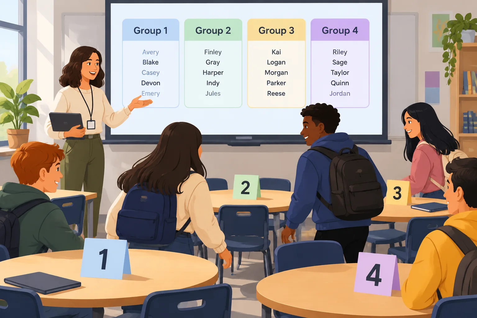 Flat instructional illustration of a teacher projecting balanced random groups onto a classroom scre