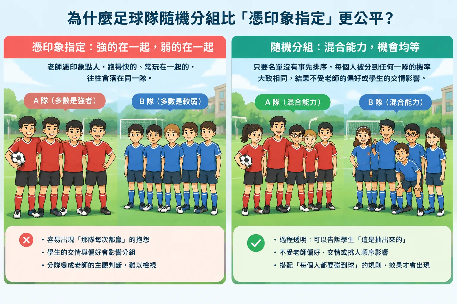 simple two-panel diagram comparing hand-picked soccer teams