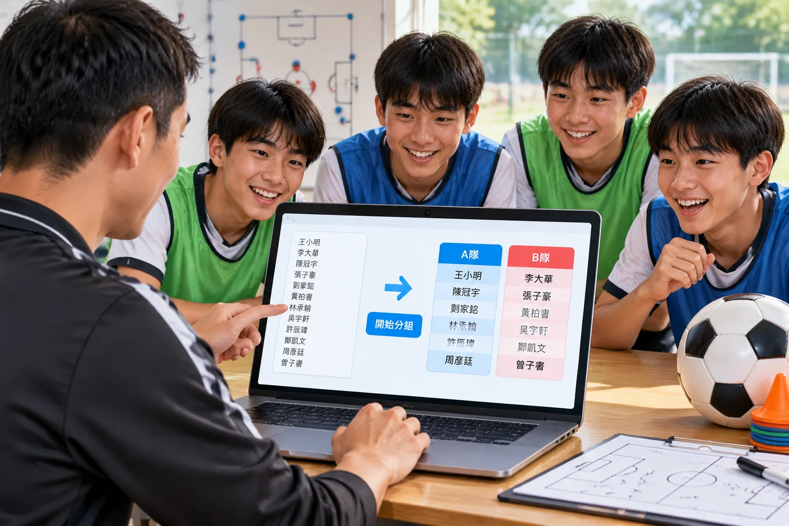 clean instructional illustration of a coach pasting a player list into a random team draw tool