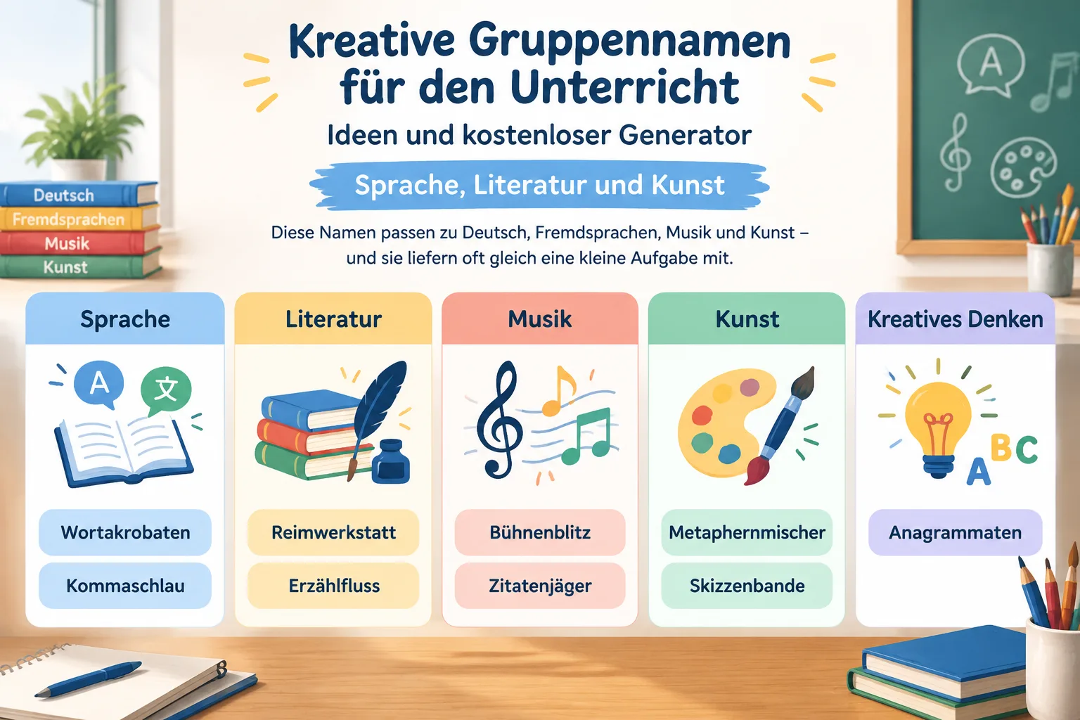 Infografik mit fünf Kategorien für Gruppennamen und einfachen Symbolen