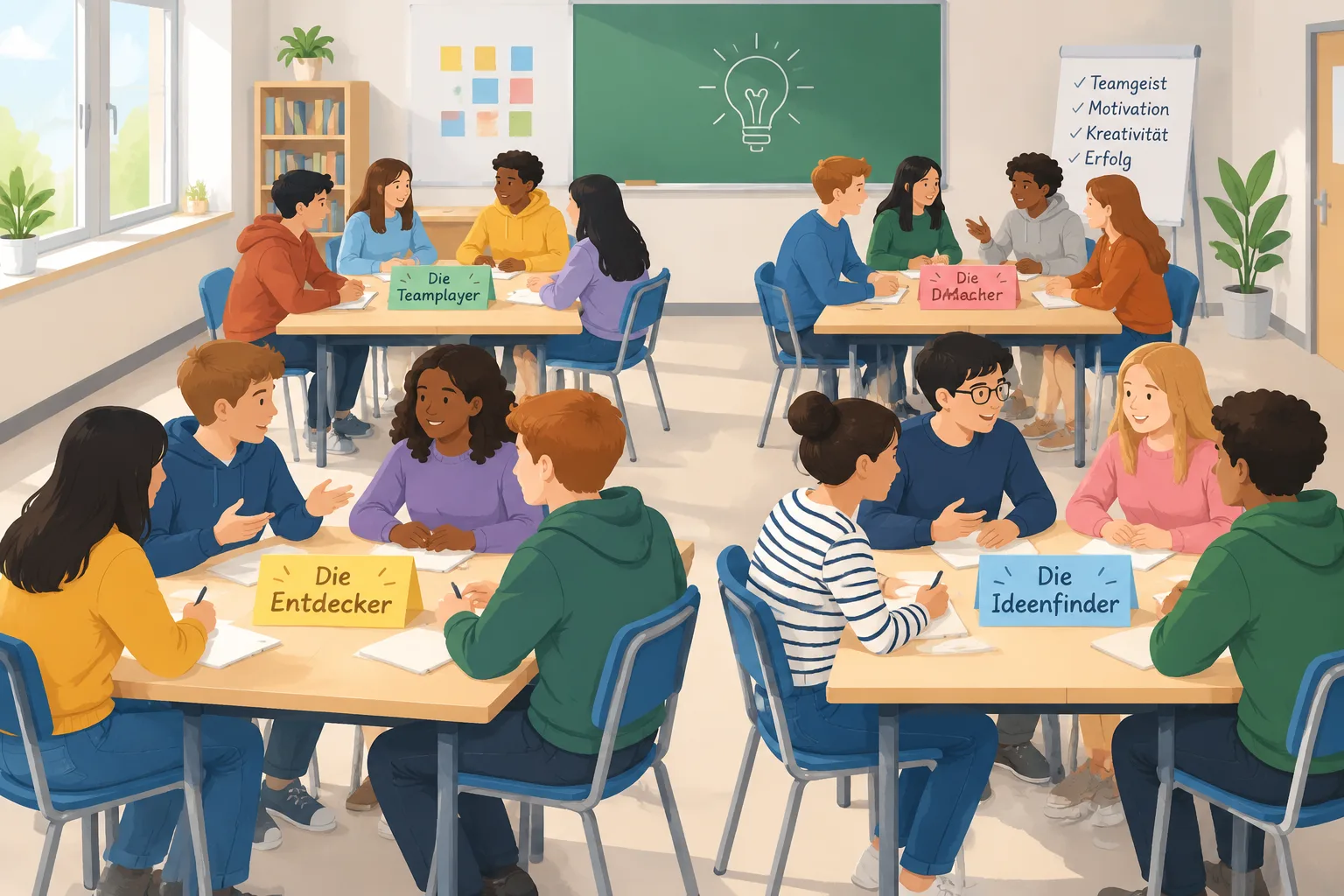 Klares Lehrillustrationsbild eines hellen Klassenzimmers mit vier Tischgruppen
