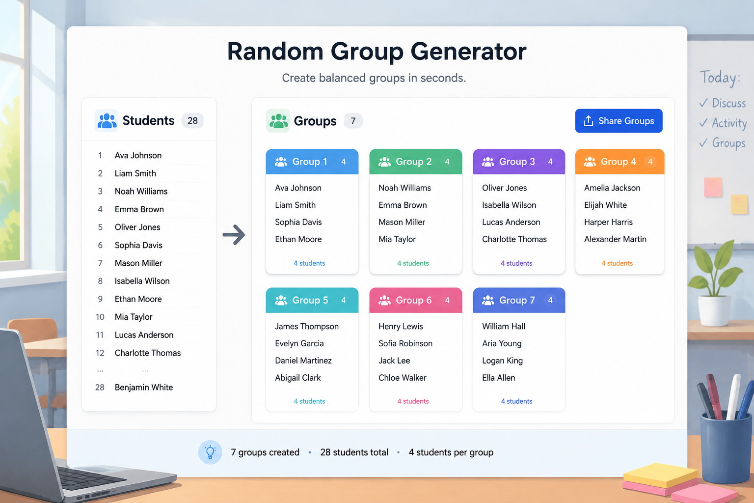 clean interface showing a list of student names on the left and seven generated groups on the right with a share button