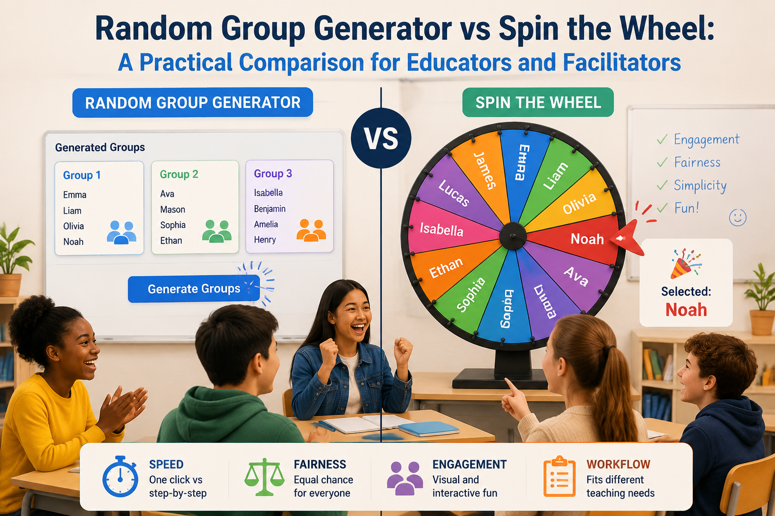 colorful spin wheel with student names, arrow pointing to one selected name, excitement indicator