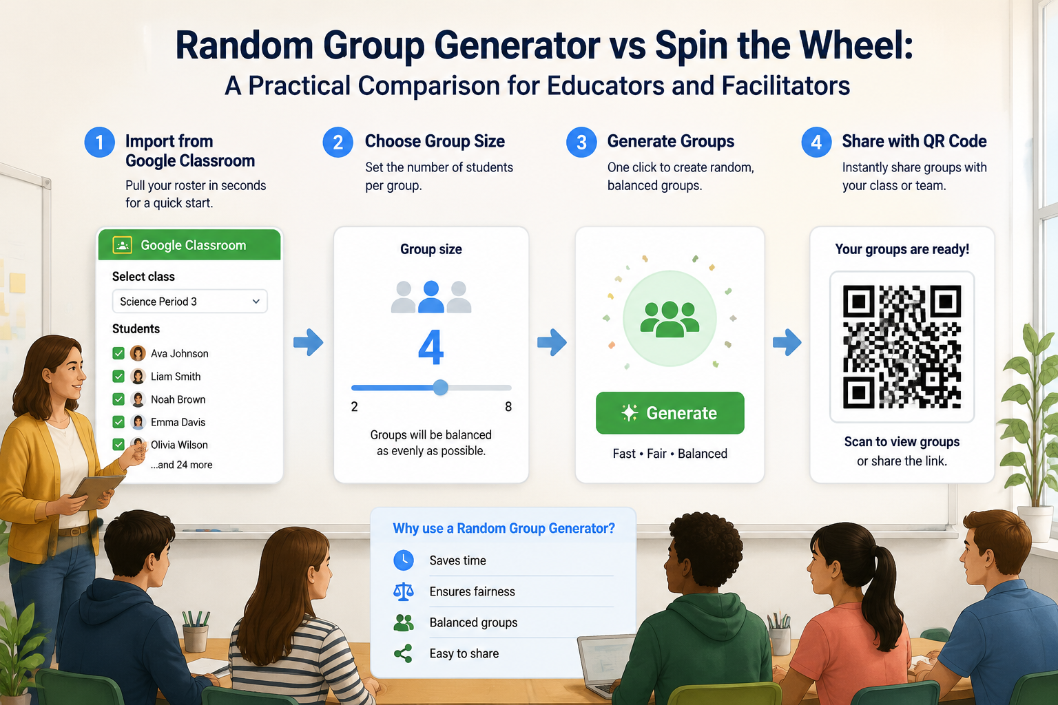 workflow diagram showing import from Google Classroom, group size slider, generate button, and a shareable QR code