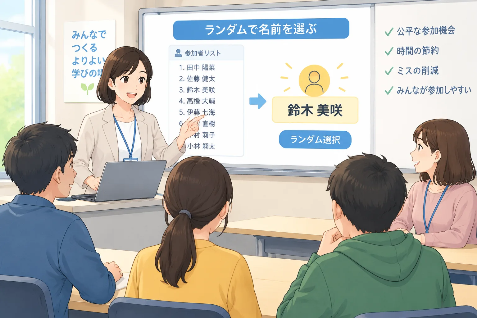 教師やファシリテーターが名前リストからランダムに参加者を選ぶ教育用イラスト