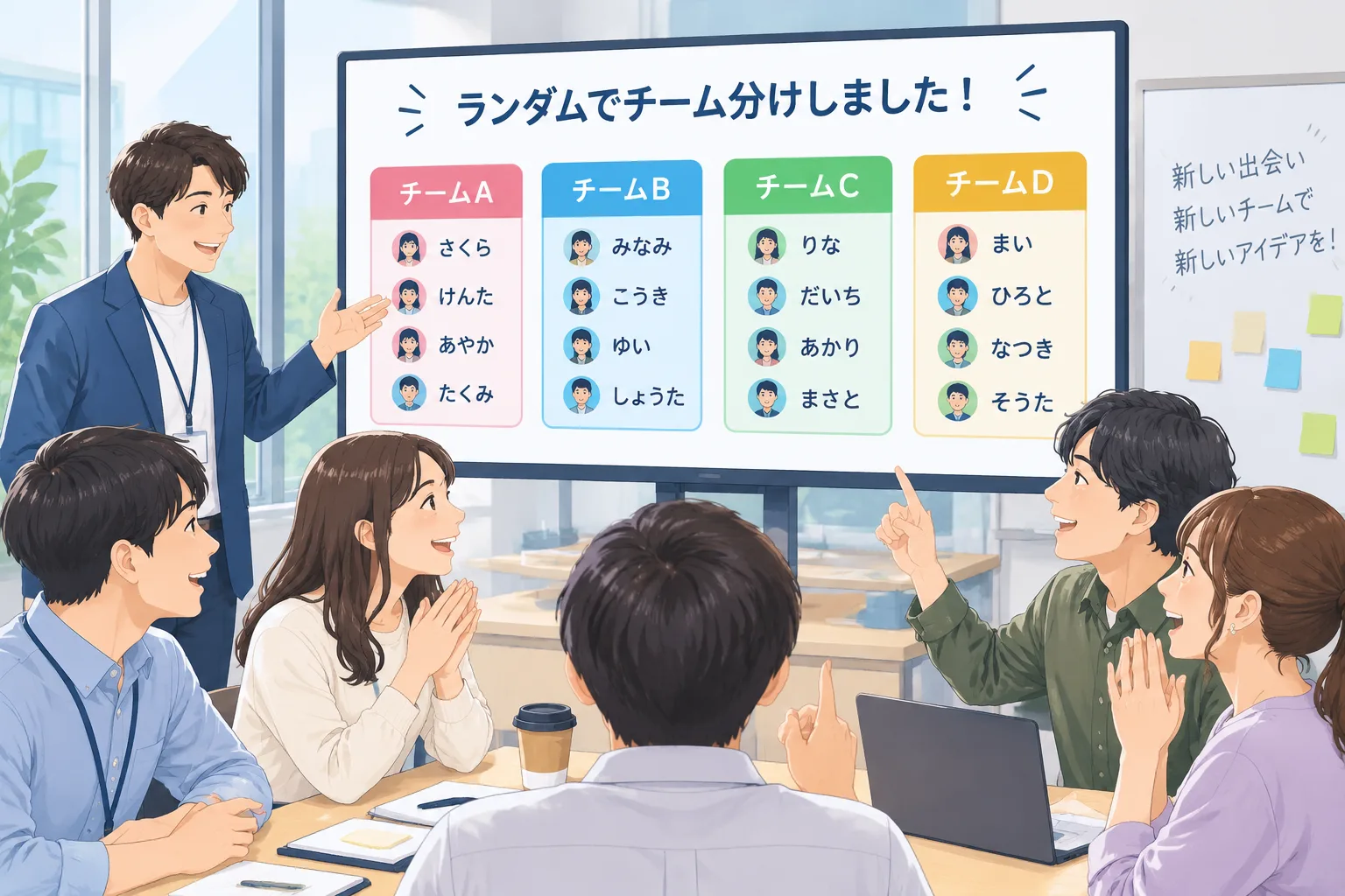企業ワークショップで参加者がランダムなチーム分けを確認する図解イラスト