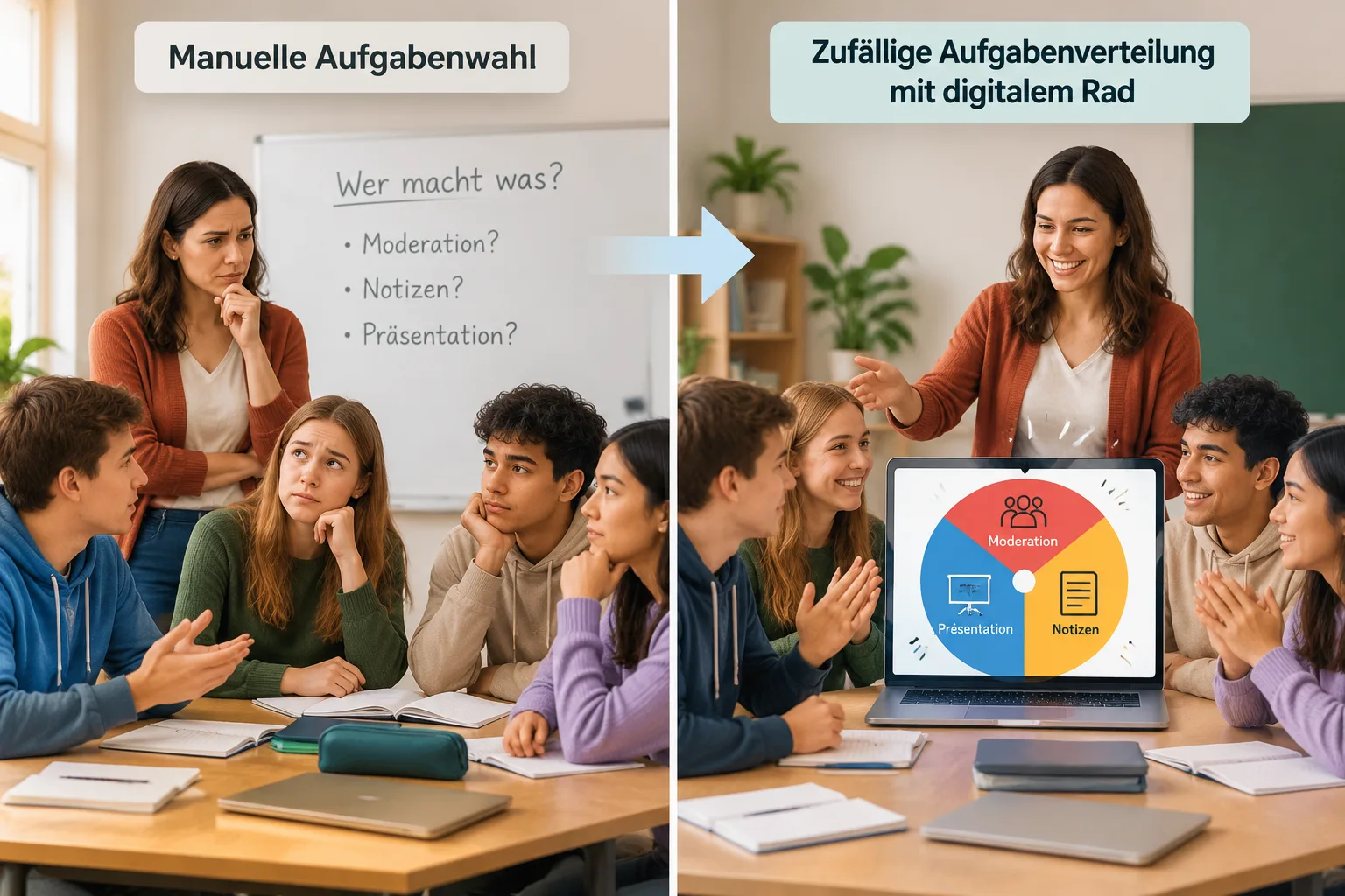 Eine einfache Vergleichsgrafik zeigt manuelle Aufgabenwahl gegenüber zufälliger Aufgabenverteilung m