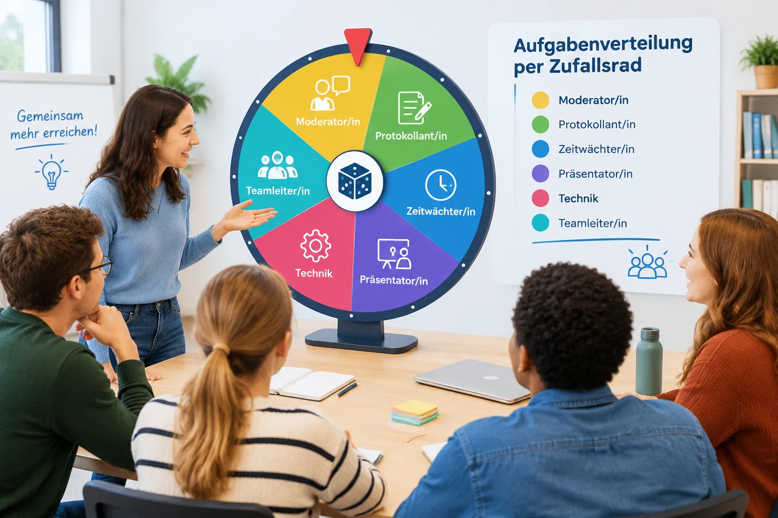 Eine klare Infografik zeigt ein digitales Zufallsrad mit verschiedenen Teamaufgaben und gleichmäßig