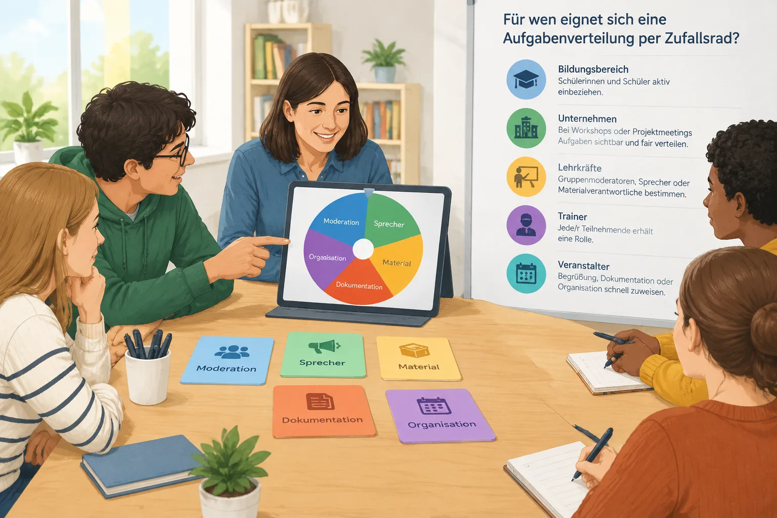Eine neutrale Illustration zeigt einen Workshop-Tisch mit Karten für verschiedene Aufgaben und einem