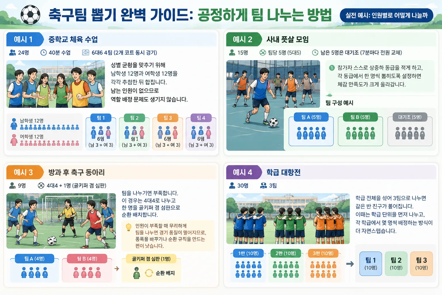 grouping grid showing 24 participants split into four balanced soccer teams with gender balance rows