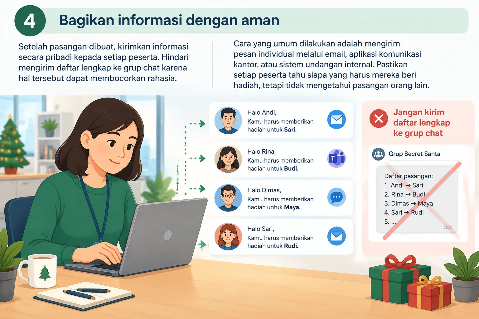 Diagram langkah demi langkah pengaturan Secret Santa dari pendaftaran peserta hingga pembagian pasan