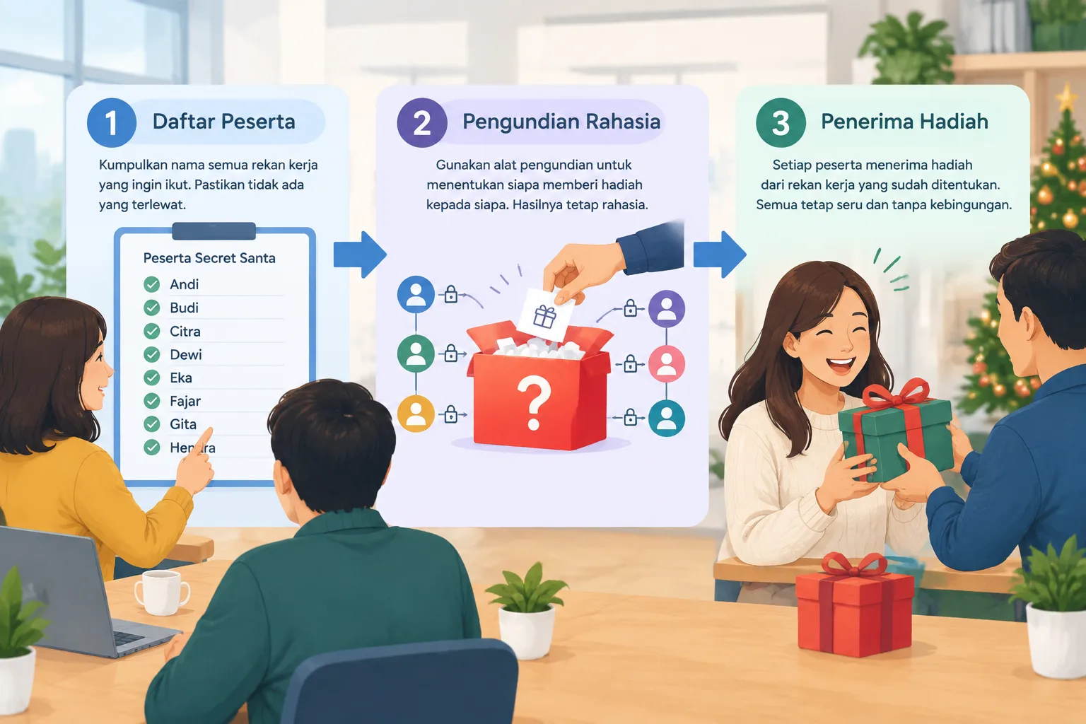 Ilustrasi alur Secret Santa kantor dengan daftar peserta