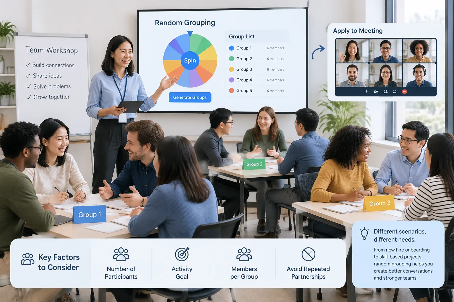 workshop facilitator organizing diverse small groups using a simple digital grouping workflow