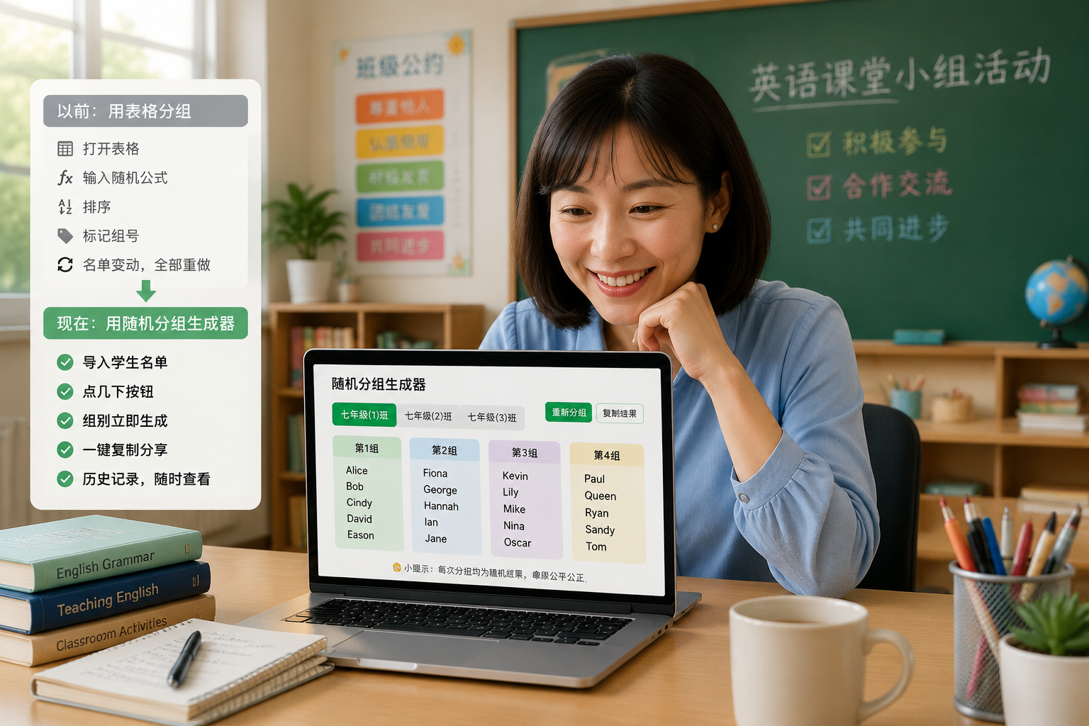 A smiling teacher looking at a laptop screen showing grouped student names, classroom background, soft lighting