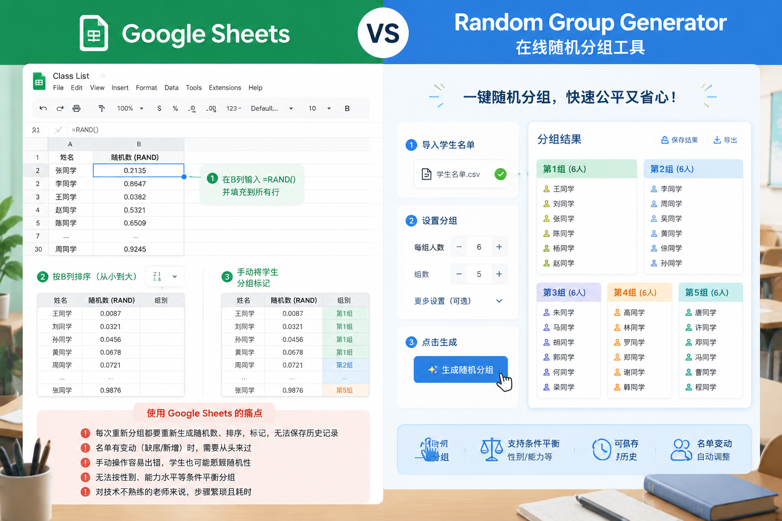 A split comparison image: left side shows Google Sheets interface with RAND formula and manual grouping steps; right side shows the Random Group Generator clean UI with one-click grouping results