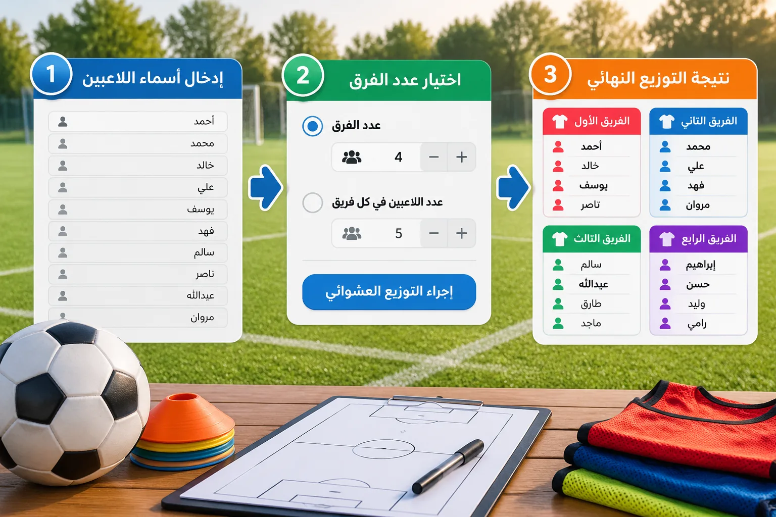 مخطط خطوات يوضح إدخال أسماء اللاعبين ثم اختيار عدد الفرق ثم ظهور التوزيع النهائي