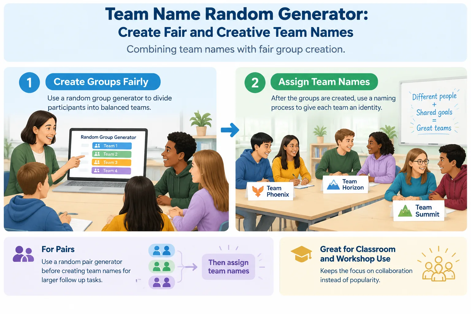 neutral infographic comparing balanced group creation followed by random team naming for classroom a