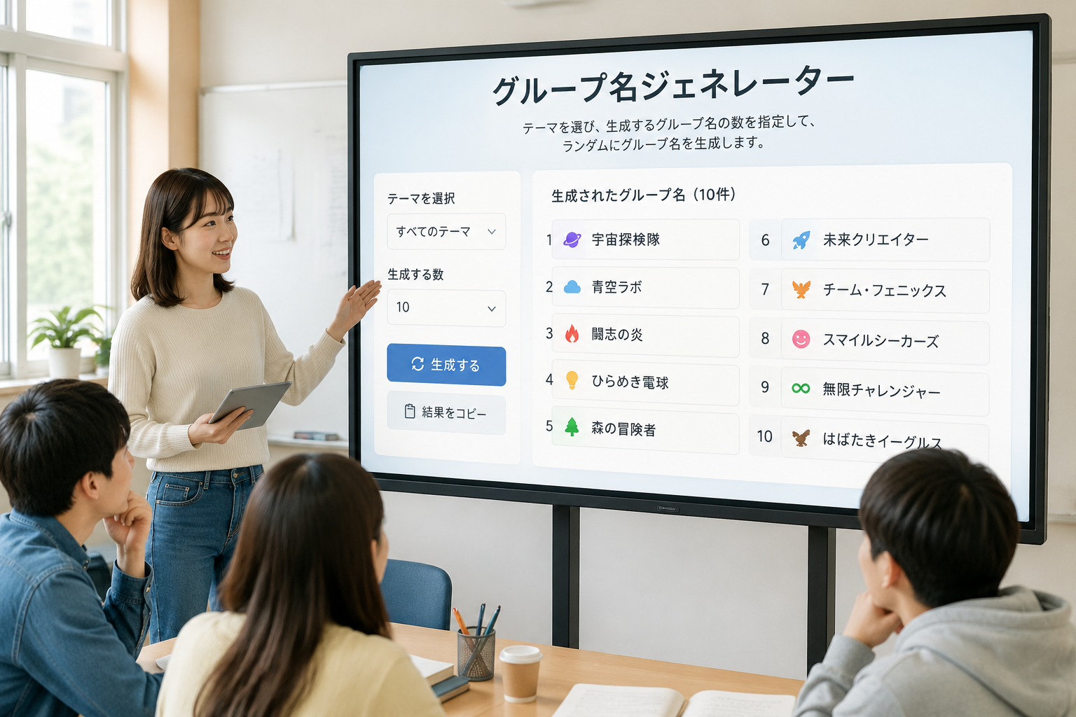 グループ名が表示された画面のイメージ。明るい教室や研修室で、多様なチーム名がリスト化されたデジタルインターフェース。