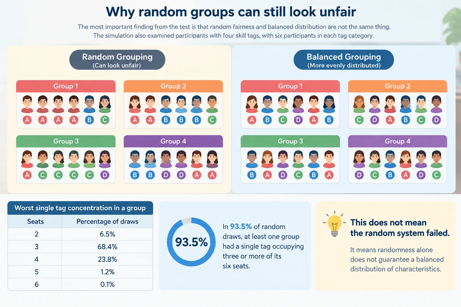 neutral infographic comparing random grouping and balanced grouping outcomes