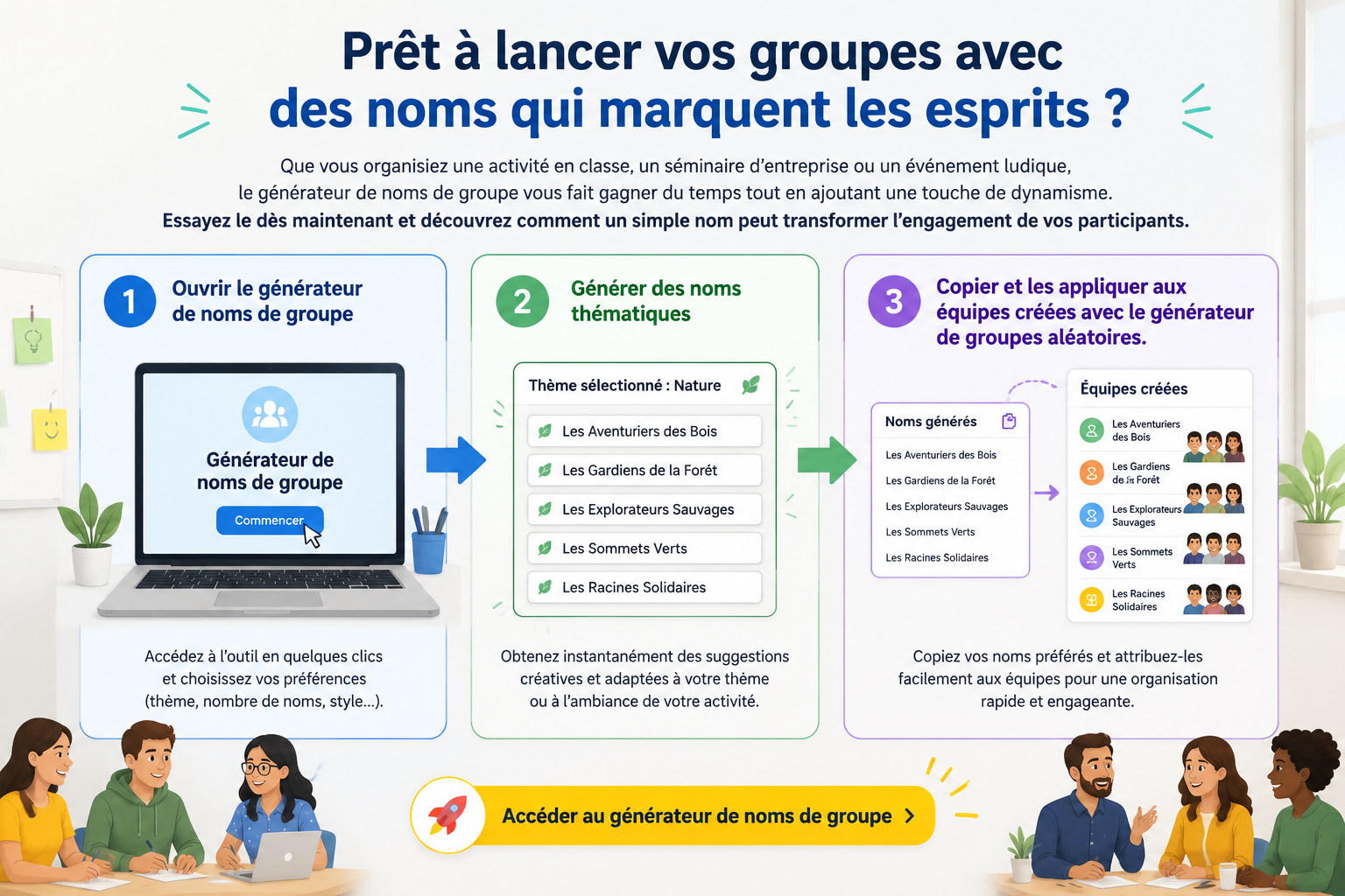 Diagramme en trois étapes : 1. Ouvrir le générateur de noms de groupe, 2. Générer des noms thématiques, 3. Copier et les appliquer aux équipes créées avec le générateur de groupes aléatoires.