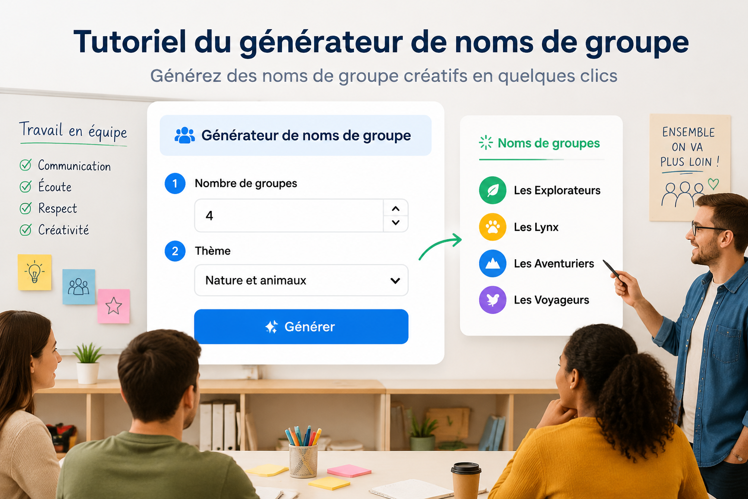 Interface simplifiée du générateur de noms de groupe, avec un champ pour le nombre de groupes, un menu déroulant pour choisir un thème et un bouton "Générer".