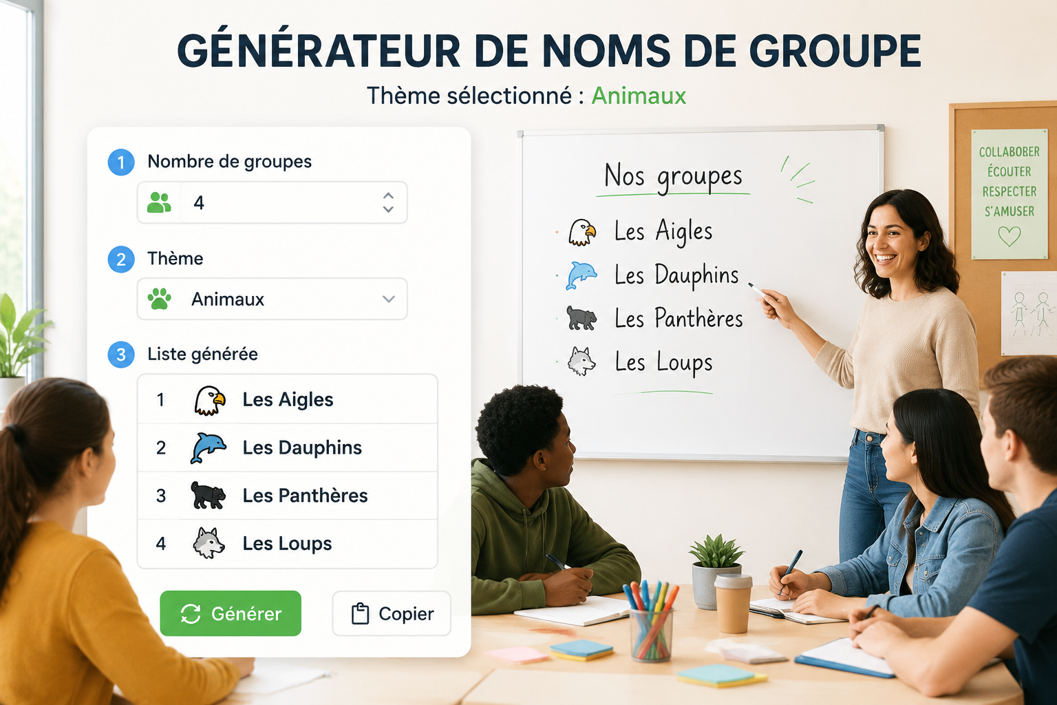 Liste de noms de groupe générés avec le thème "Animaux" : Les Aigles, Les Dauphins, Les Panthères, Les Loups.