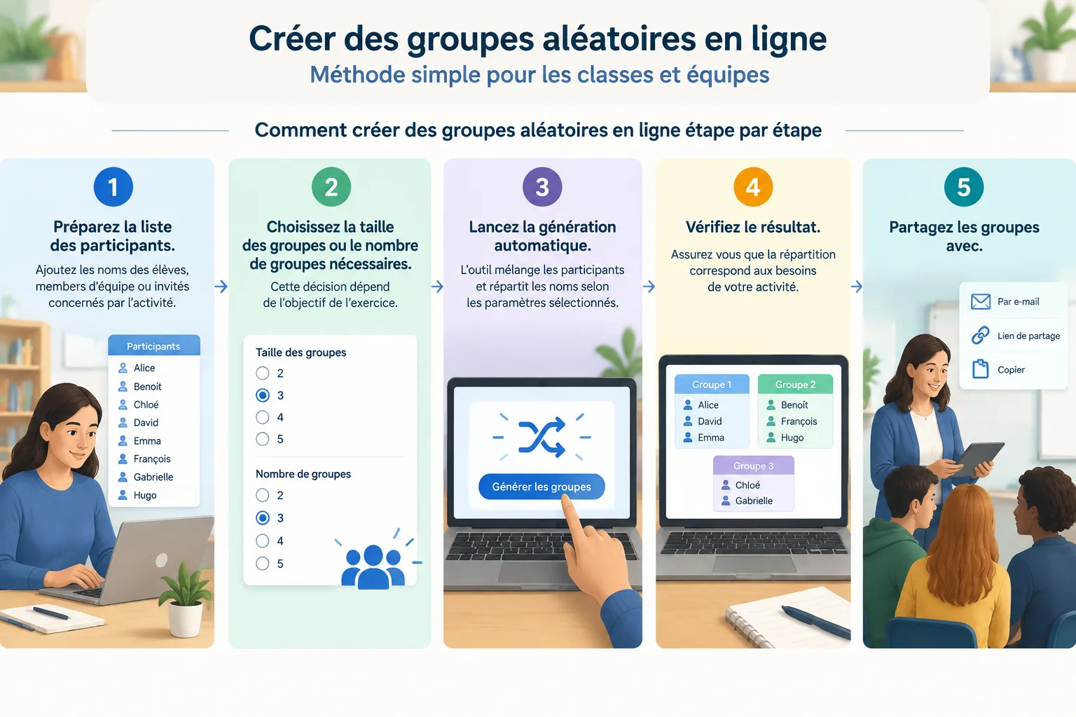 Schéma d'instructions en cinq étapes montrant l'ajout des noms