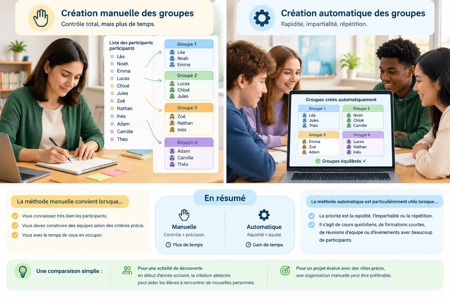 Comparaison visuelle entre une liste de noms gérée manuellement et une répartition automatique en gr