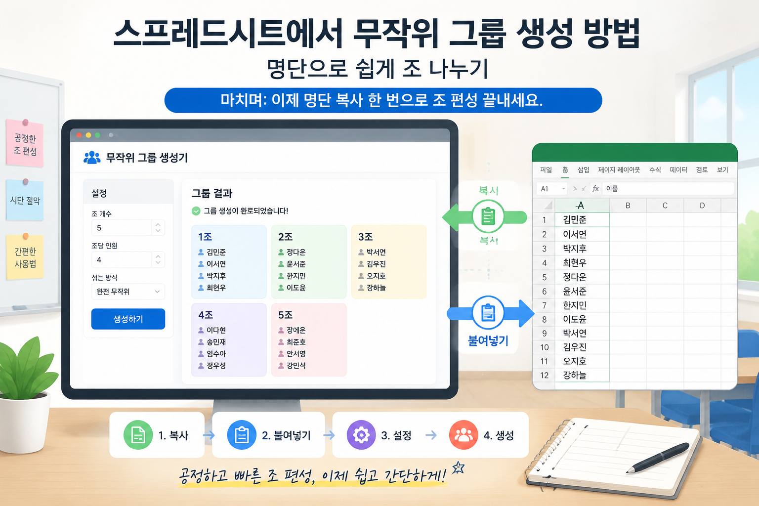 완성된 그룹 결과가 웹페이지 화면에 깔끔하게 표시되고, 옆에 엑셀 시트와 연동되는 개념을 보여주는 교육용 일러스트