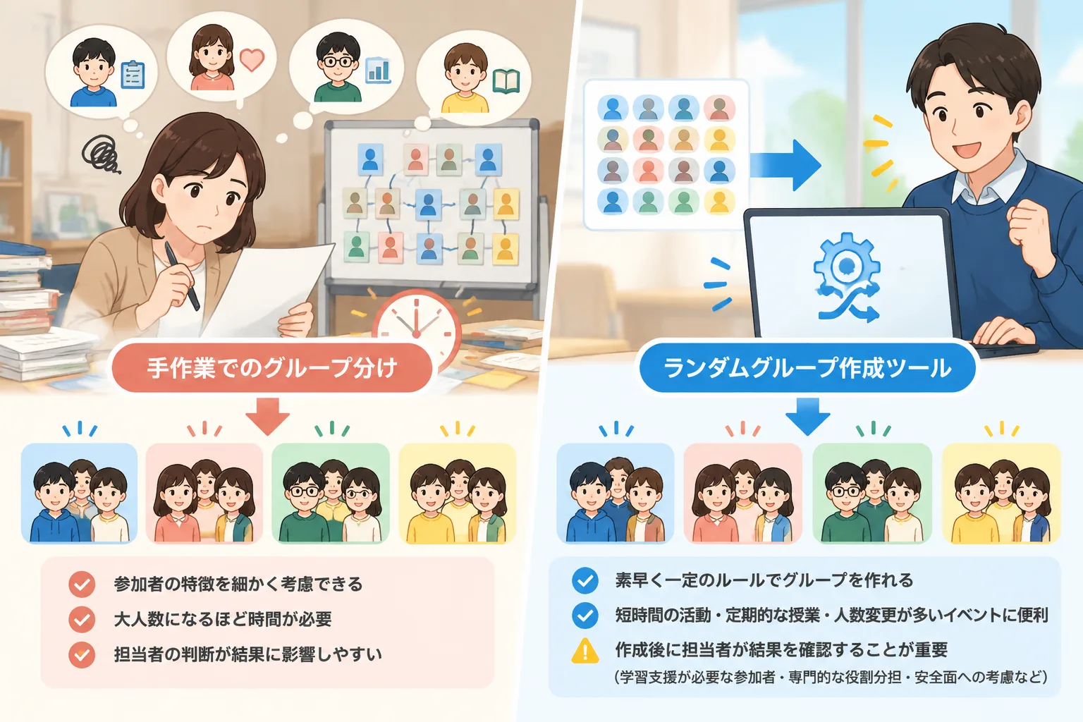 Comparison illustration showing manual group sorting versus automated random group creation workflow