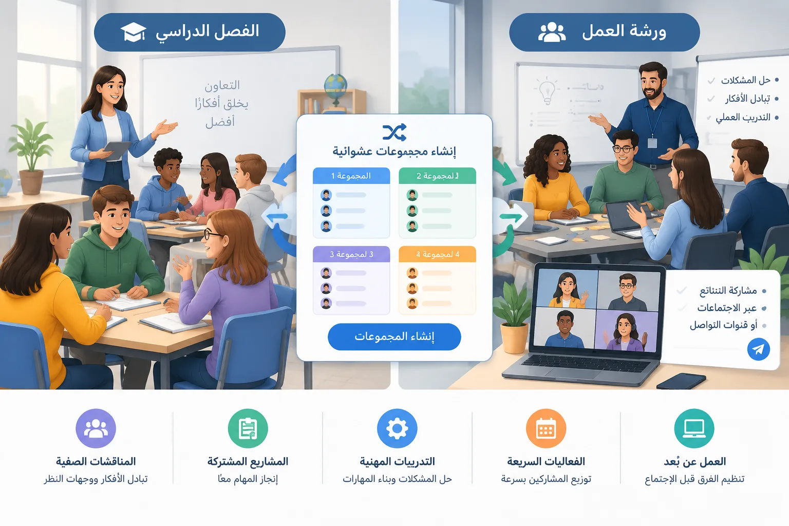 مخطط بسيط يوضح استخدام المجموعات العشوائية في فصل دراسي وورشة عمل