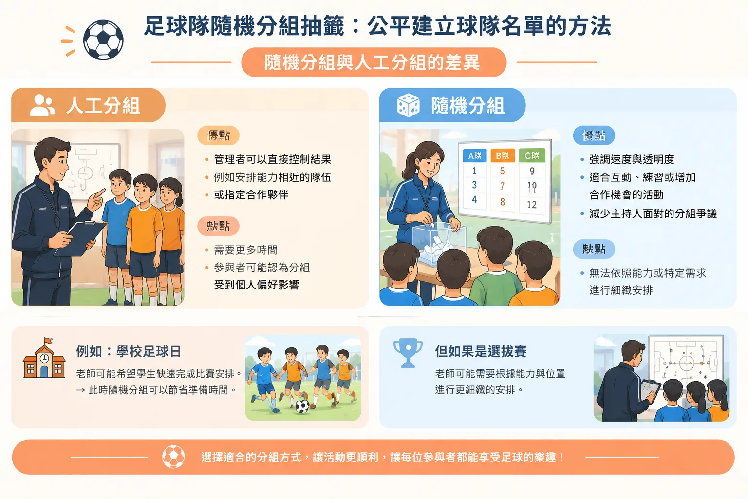 comparison infographic showing manual team selection versus random team selection workflows