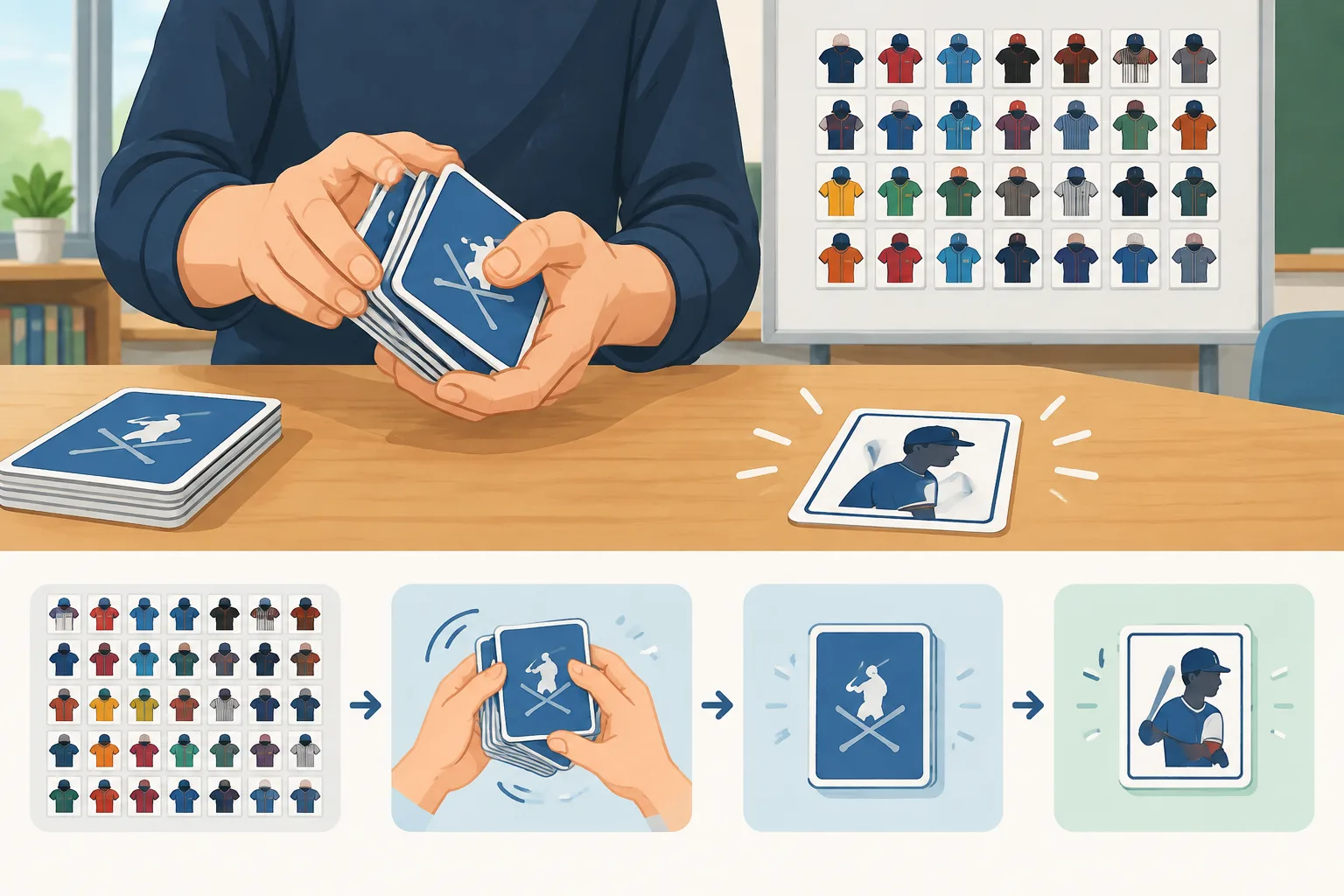 Flat instructional illustration of thirty baseball team cards being shuffled and one card drawn at r