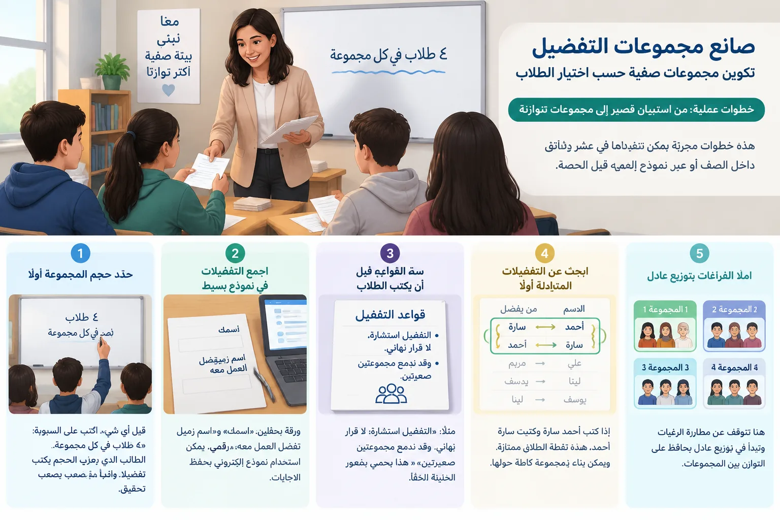 رسم توضيحي لمعلم يجمع أوراق التفضيل من طلاب ثم يرتّب الأسماء في شبكة مجموعات متوازنة