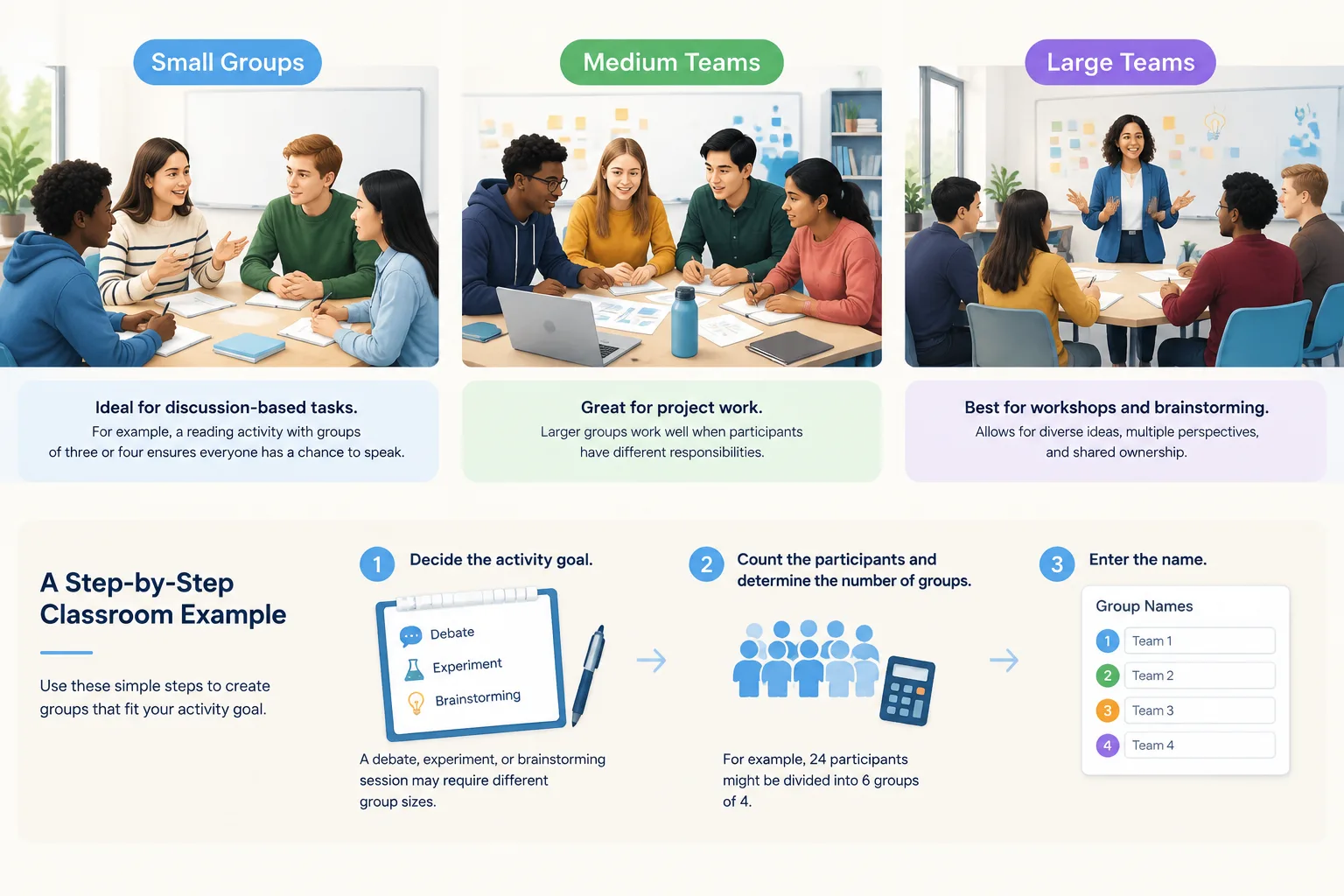 Instructional infographic comparing small discussion groups