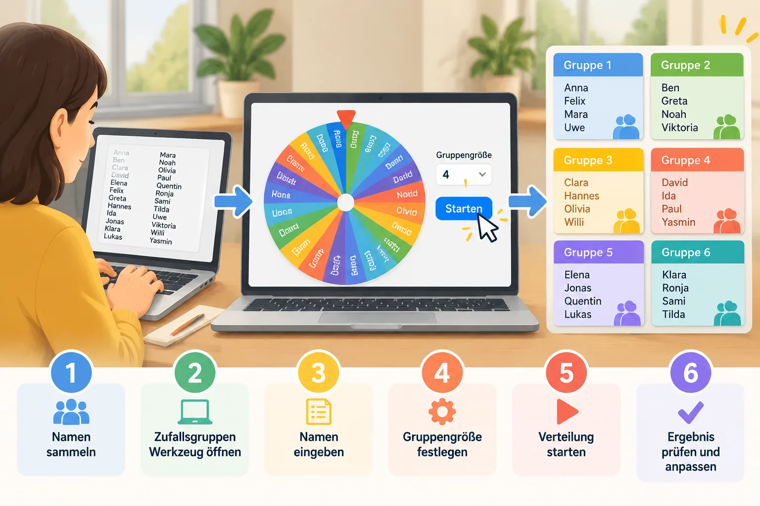 Simple workflow diagram showing names entered, wheel selection, and final team groups