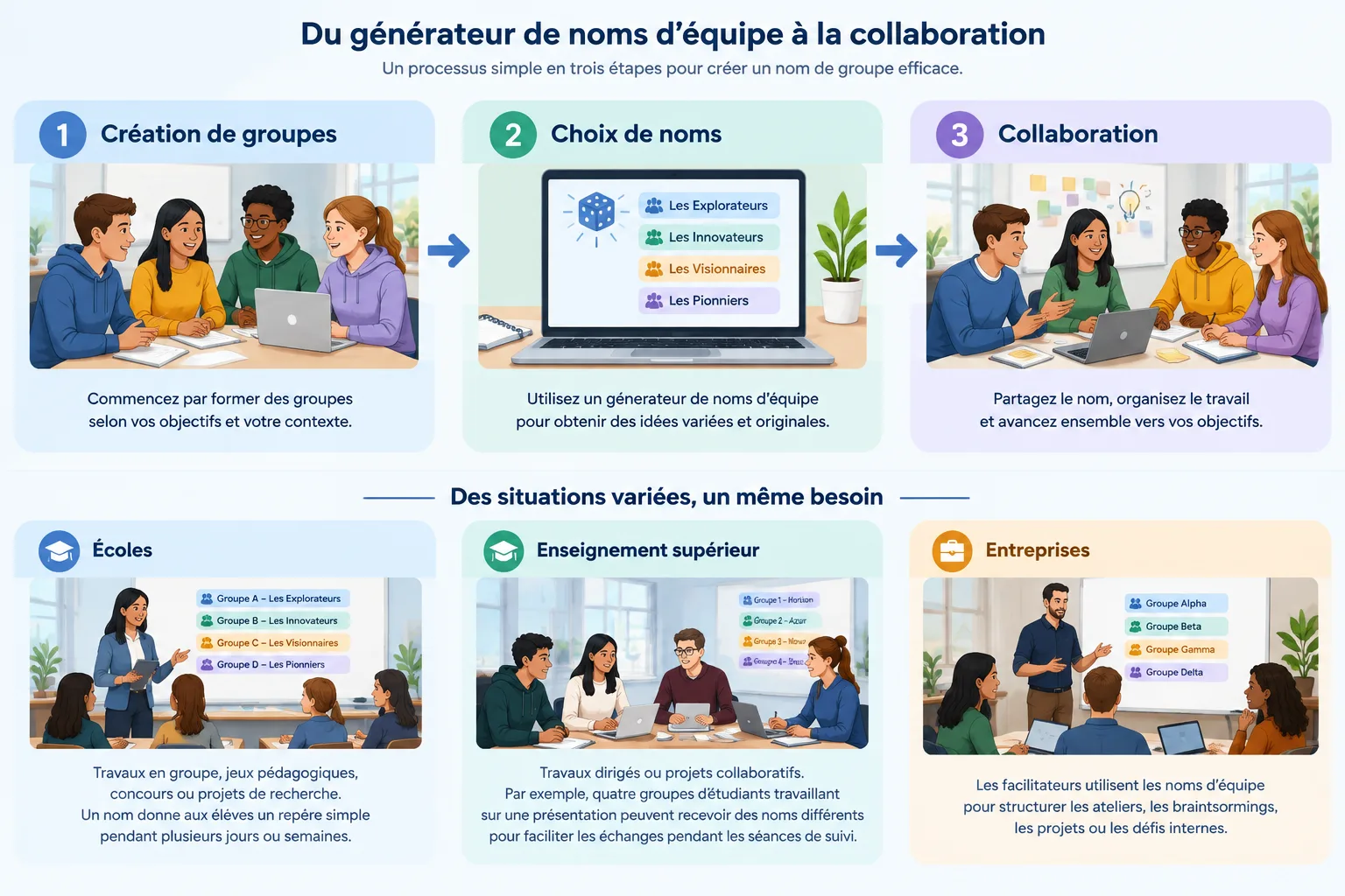 infographie montrant un processus en trois étapes création de groupes choix de noms et collaboration