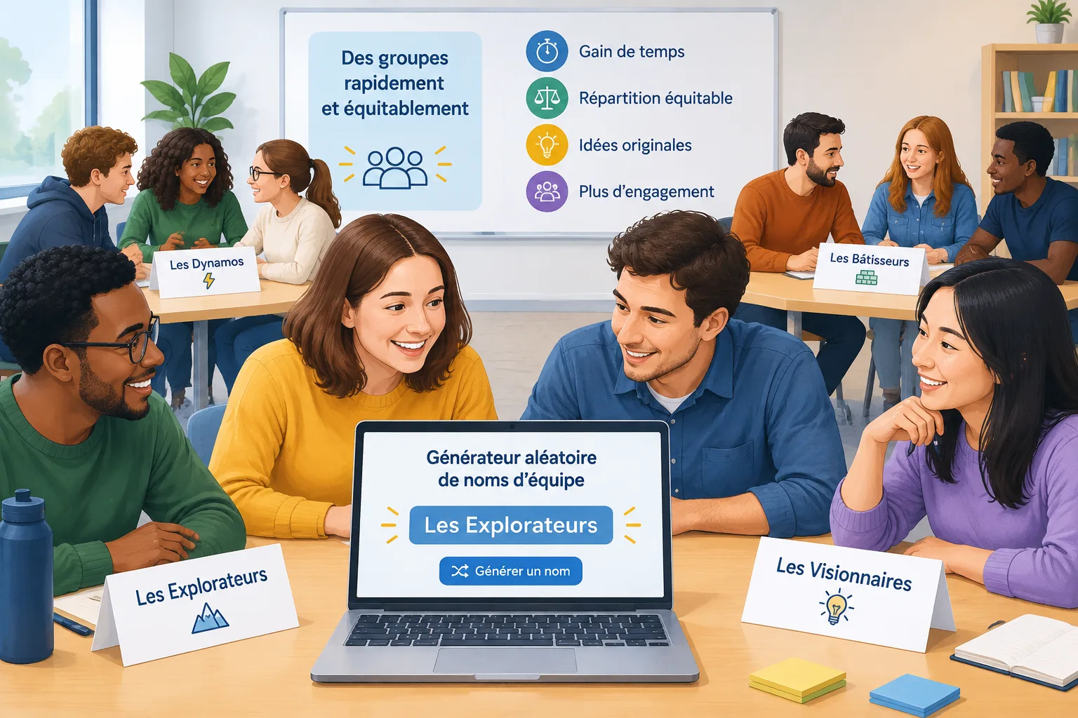 groupe de participants répartis en équipes avec des cartes de noms dans une illustration pédagogique