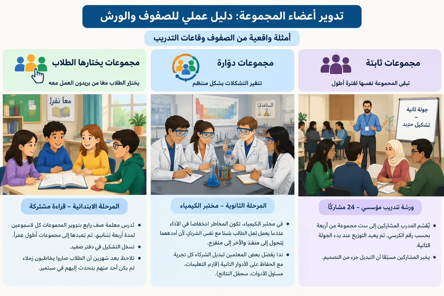 Comparison grid illustration: rotating groups versus fixed groups versus student-chosen groups