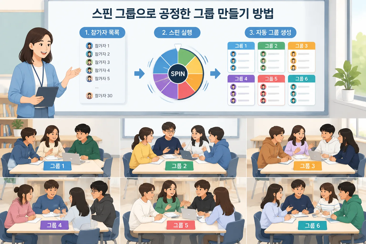 교실과 워크숍에서 참가자가 여러 그룹으로 나뉘는 과정을 보여주는 깔끔한 교육용 그룹 구성 다이어그램