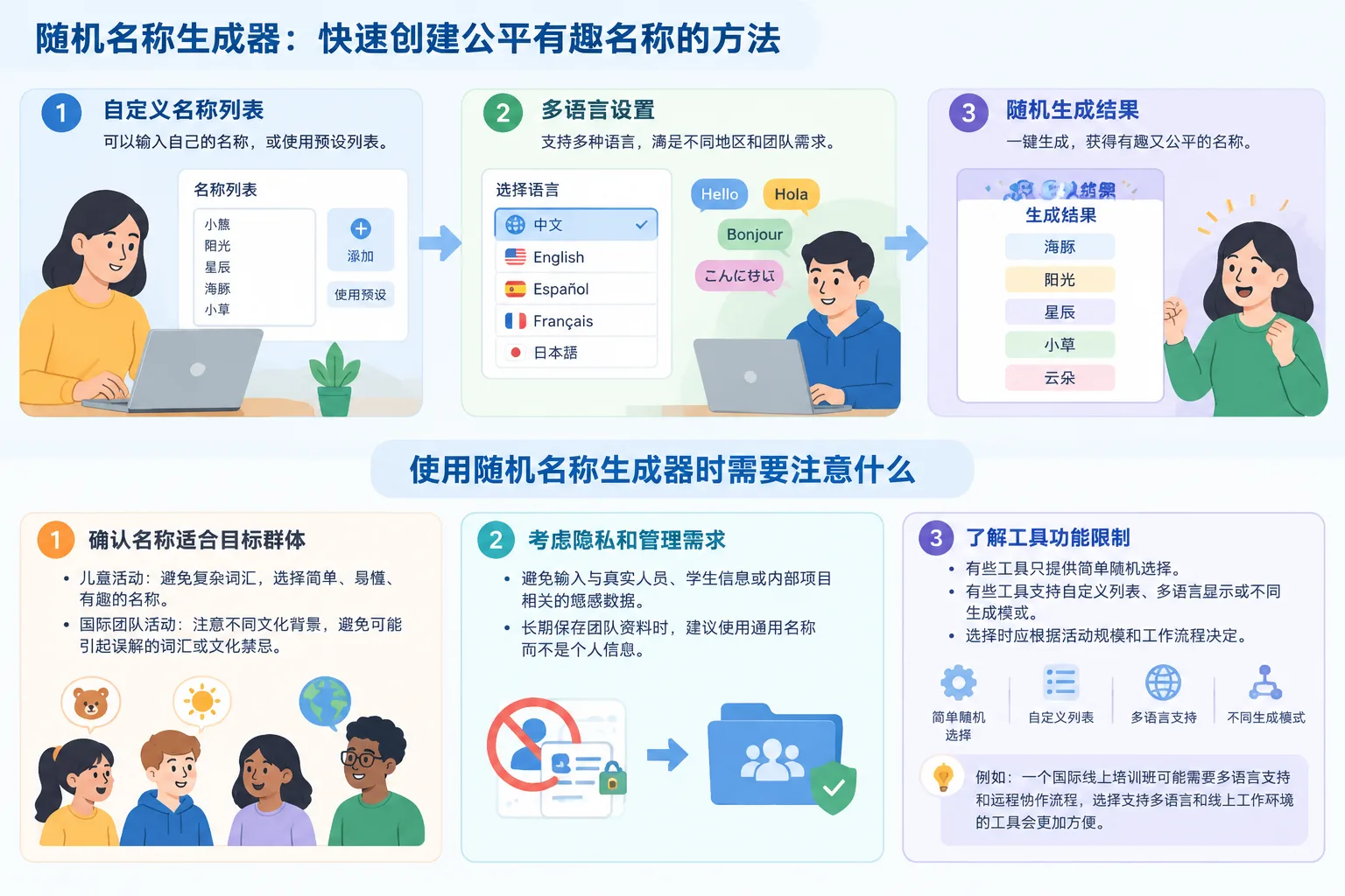 展示自定义名称列表、多语言设置和随机生成结果的工具流程信息图