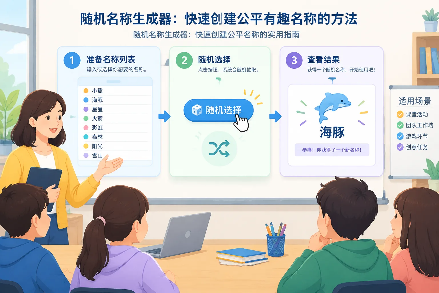 一个展示随机名称生成流程的简洁教学插图,包含名称列表、随机选择和结果展示三个步骤