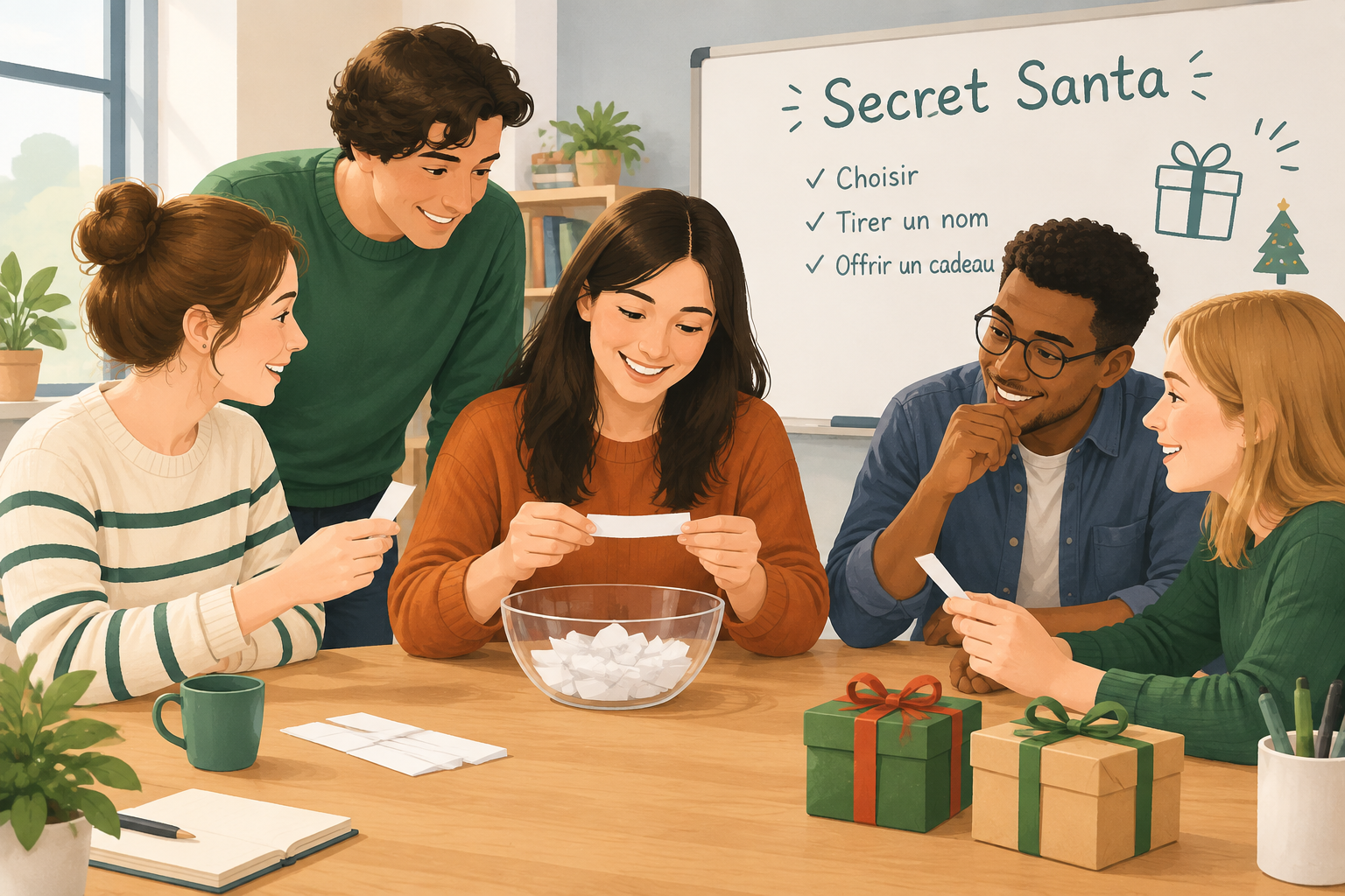 Illustration d'une équipe de personnes choisissant des noms pour un Secret Santa