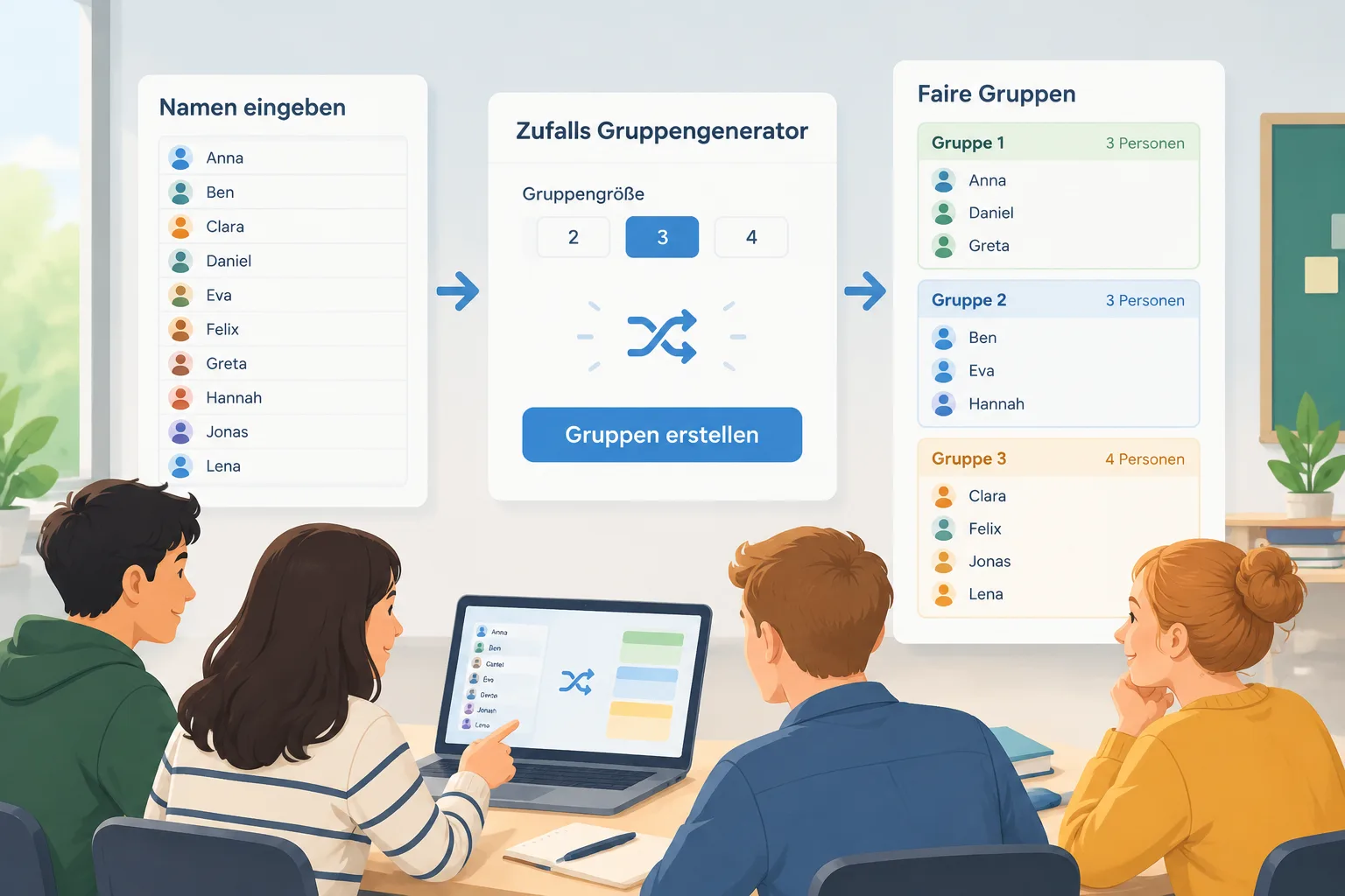 Clean workflow diagram showing names entering a random grouping tool and becoming balanced teams