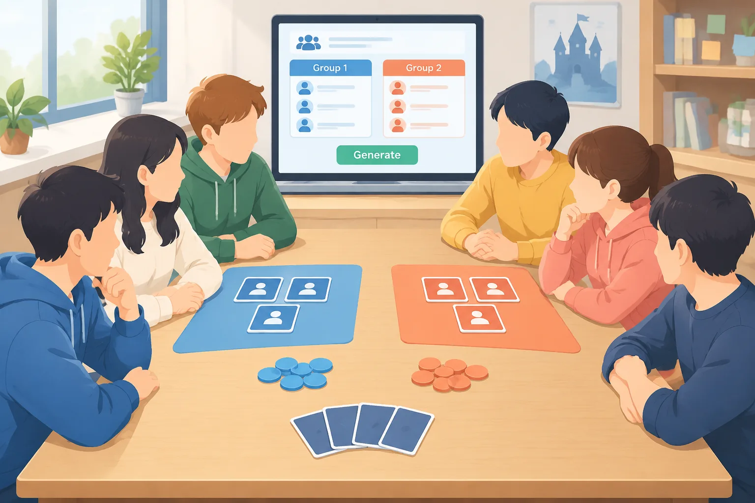 Illustration of six players split into two balanced squads around a table