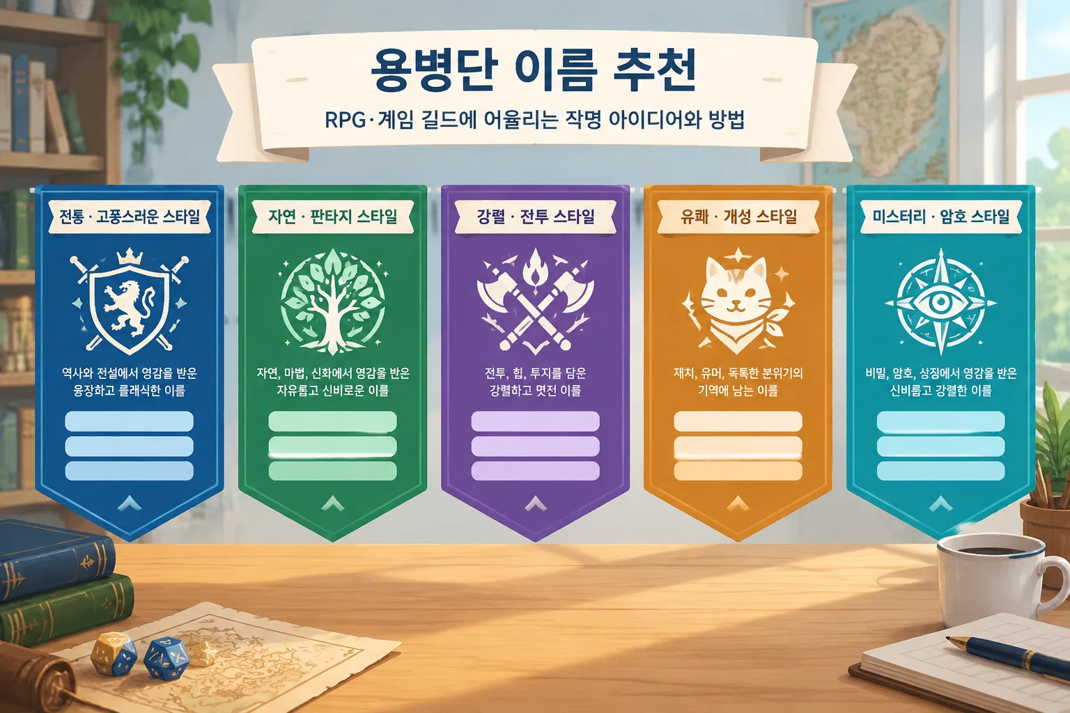 Clean 16:9 instructional illustration: five blank banner shapes side by side