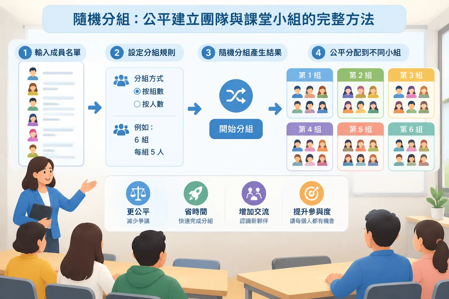 清楚的教學插圖，展示一群抽象人物圖示被公平分配到不同小組的流程圖